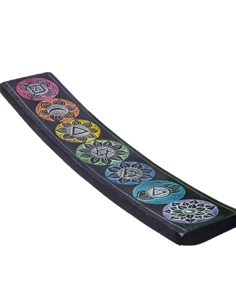 Seven Chakra Soapstone Incense Burner - 10" Length | Handcrafted Chakra Engraved Incense Holder