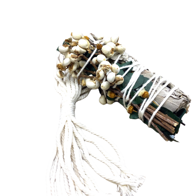 Powerful White Sage & Copal Smudge Stick with Eucalyptus & Tallow Berries, 4" for Cleansing & Aromatherapy