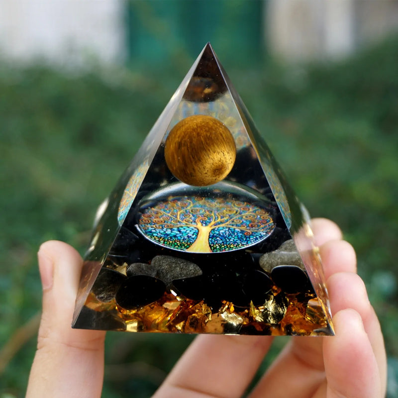 Handmade 60mm Tiger Eye & Obsidian Orgonite Pyramid: Reiki Healing & Chakra Meditation - Omlinea  