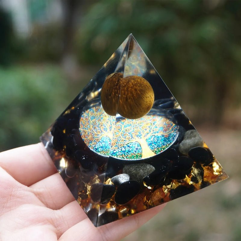 Handmade 60mm Tiger Eye & Obsidian Orgonite Pyramid: Reiki Healing & Chakra Meditation - Omlinea  